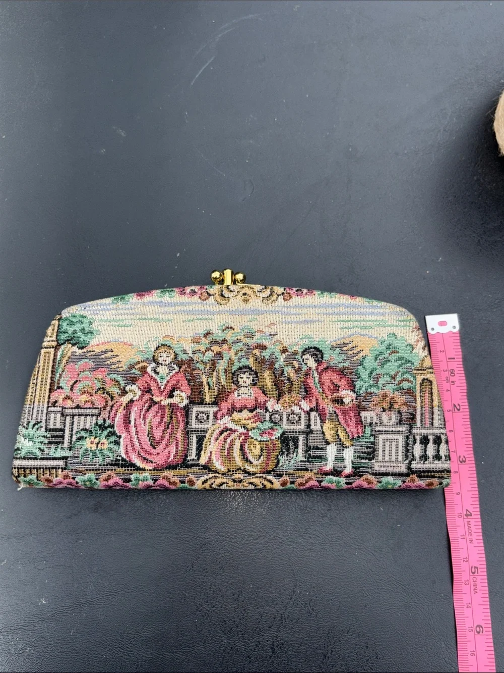 Vintage Tapestry Clutch wallet featuring a classic 18Th-Century Courting Scene